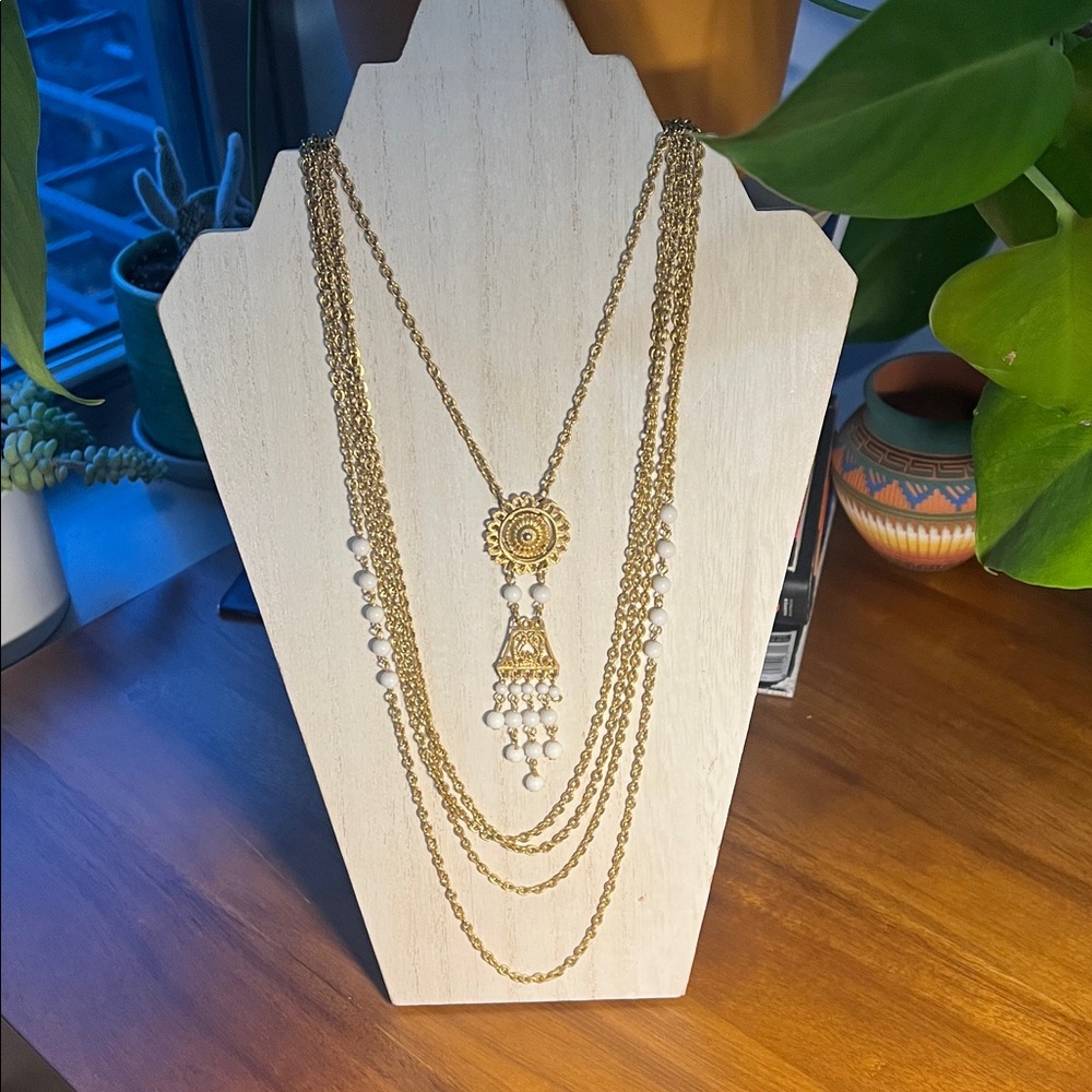 Vintage Faux Gold Chain Layered Necklace w/ White beading & Chandalier Pendant